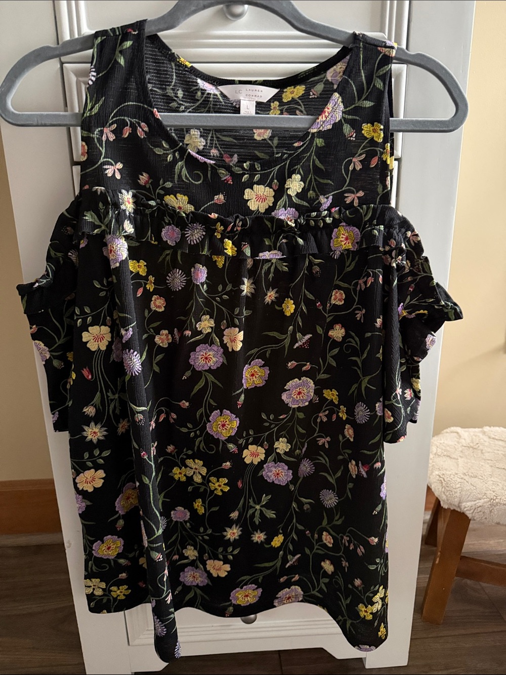 LC Lauren Conrad Black Floral Cold-Shoulder Top